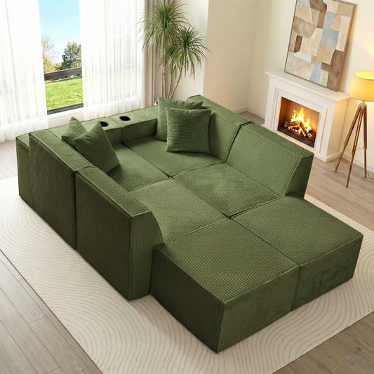 Green U-Shaped Modular Sectional Sofa with Cup Holders – 6-Seat Convertible Floor Sofa for Living Room