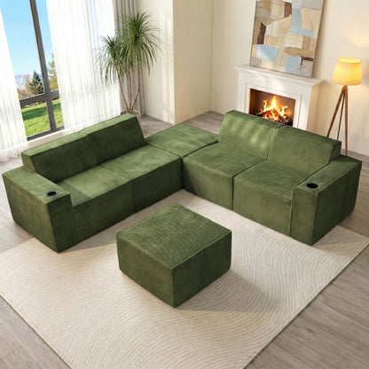 Green U-Shaped Modular Sectional Sofa with Cup Holders – 6-Seat Convertible Floor Sofa for Living Room