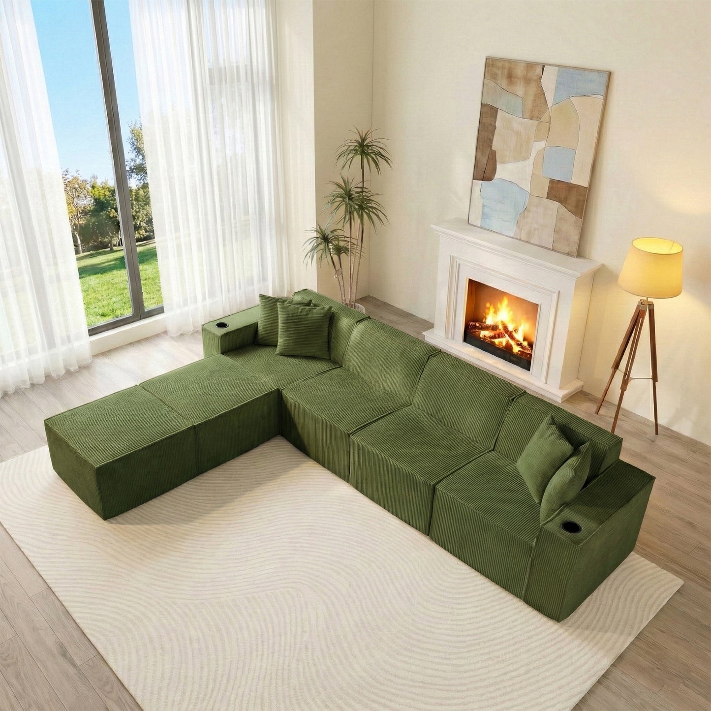 Green U-Shaped Modular Sectional Sofa with Cup Holders – 6-Seat Convertible Floor Sofa for Living Room