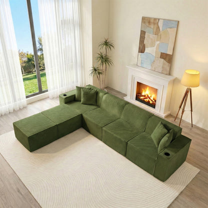 Green U-Shaped Modular Sectional Sofa with Cup Holders – 6-Seat Convertible Floor Sofa for Living Room