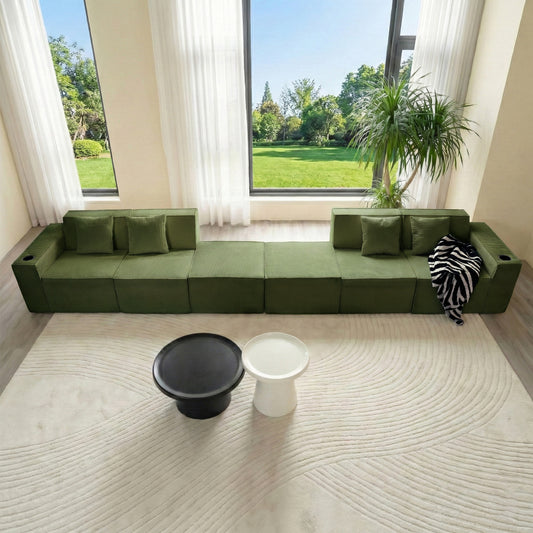 Green U-Shaped Modular Sectional Sofa with Cup Holders – 6-Seat Convertible Floor Sofa for Living Room