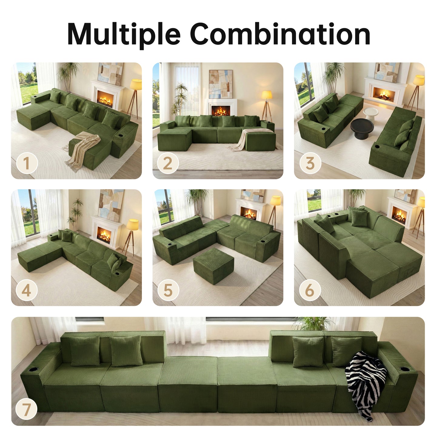 Green U-Shaped Modular Sectional Sofa with Cup Holders – 6-Seat Convertible Floor Sofa for Living Room