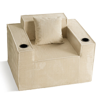 Khaki Corduroy Single Seat Sofa – No Assembly Required, Self-Expanding with Dual Cup Holders for Living Room