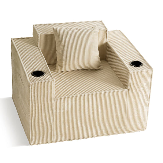 Khaki Corduroy Single Seat Sofa – No Assembly Required, Self-Expanding with Dual Cup Holders for Living Room