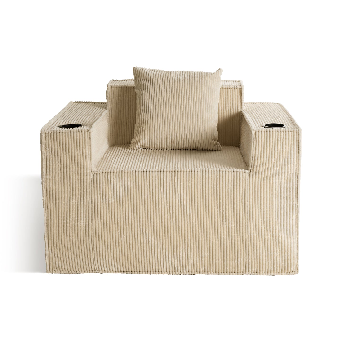 Khaki Corduroy Single Seat Sofa – No Assembly Required, Self-Expanding with Dual Cup Holders for Living Room