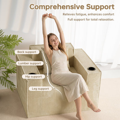 Khaki Corduroy Single Seat Sofa – No Assembly Required, Self-Expanding with Dual Cup Holders for Living Room