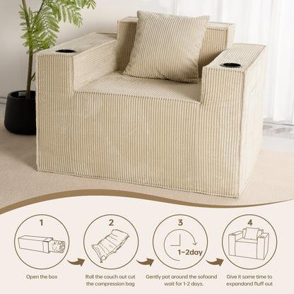 Khaki Corduroy Single Seat Sofa – No Assembly Required, Self-Expanding with Dual Cup Holders for Living Room