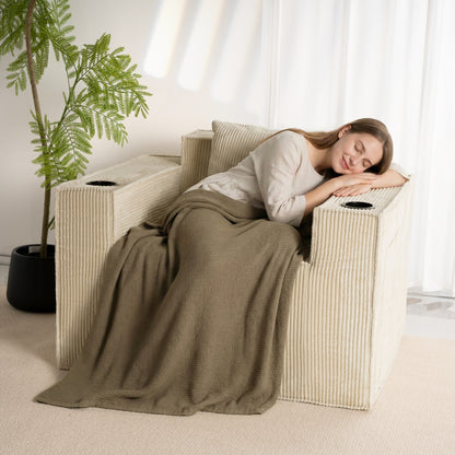 Khaki Corduroy Single Seat Sofa – No Assembly Required, Self-Expanding with Dual Cup Holders for Living Room