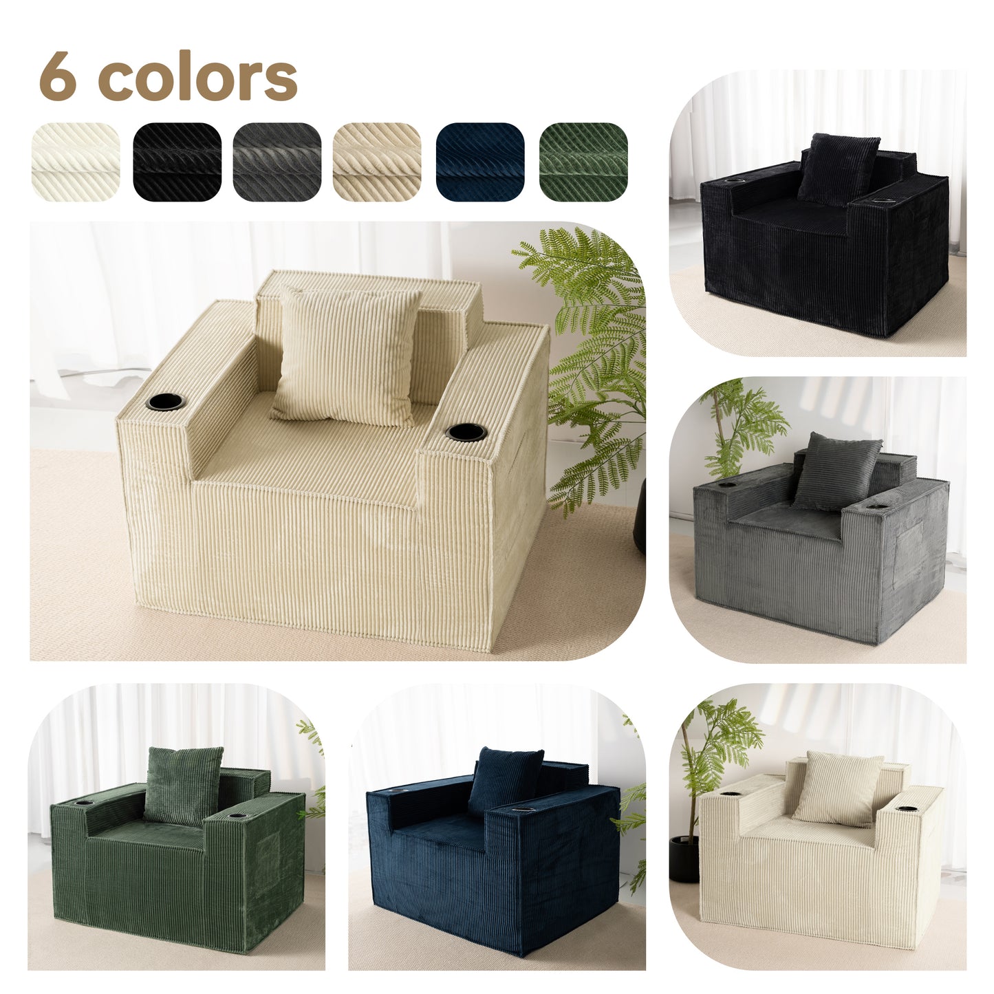 Khaki Corduroy Single Seat Sofa – No Assembly Required, Self-Expanding with Dual Cup Holders for Living Room