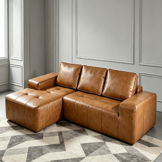 Brown Faux Leather Boneless L-Shaped Sectional Sofa with Chaise, No Assembly