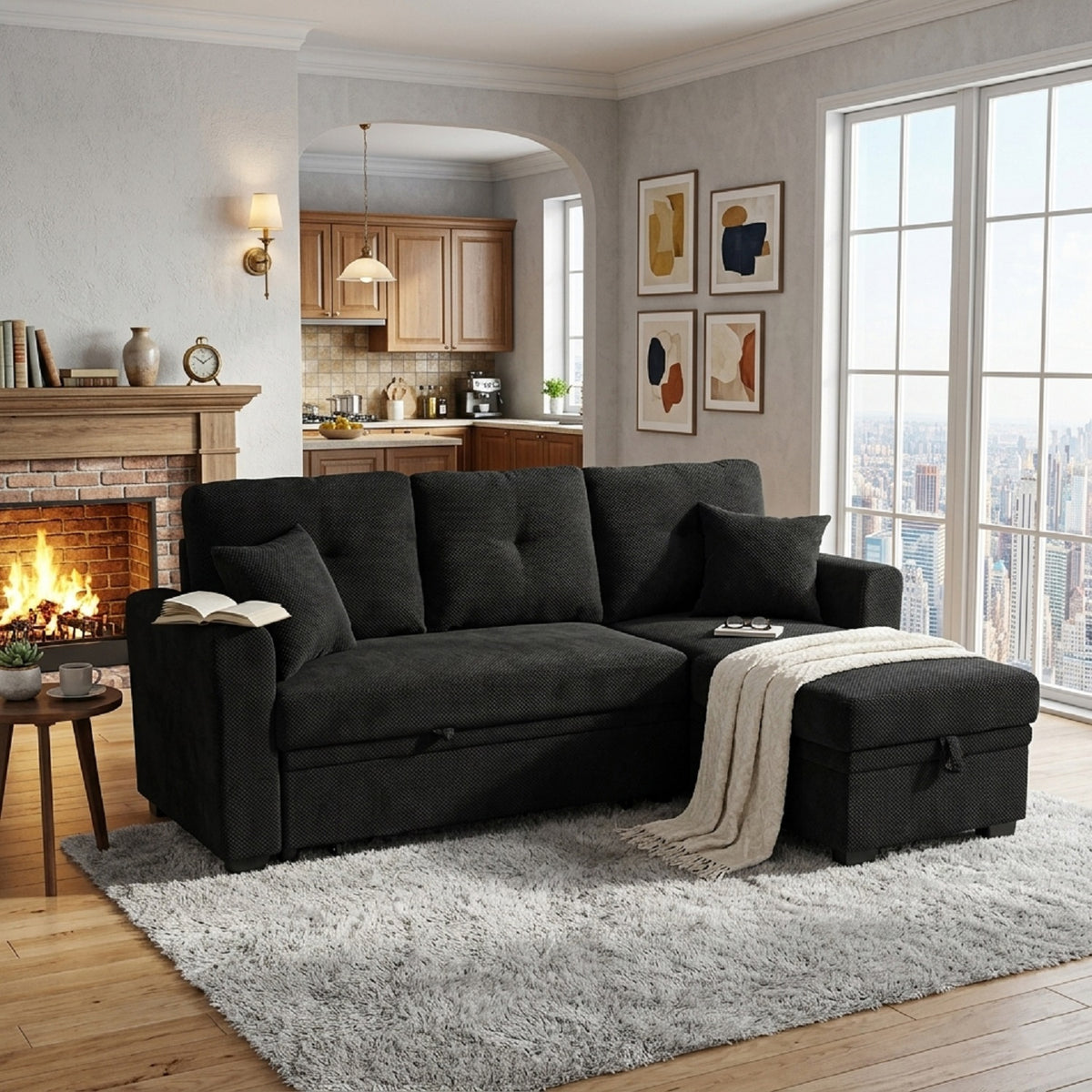 Convertible Sofa Bed with Reversible Chaise, Storage & Breathable Fabric