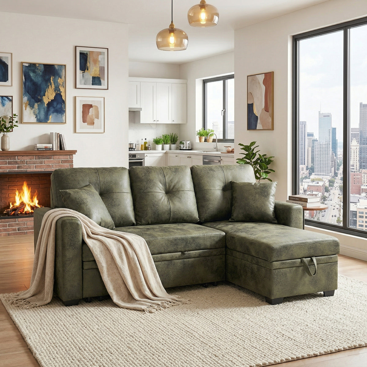 L-Shaped Sectional Sofa with Pull-Out Bed, Reversible Chaise & Storage