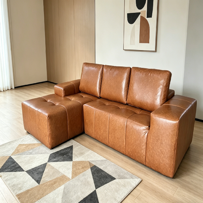 Brown Faux Leather Boneless L-Shaped Sectional Sofa with Chaise, No Assembly