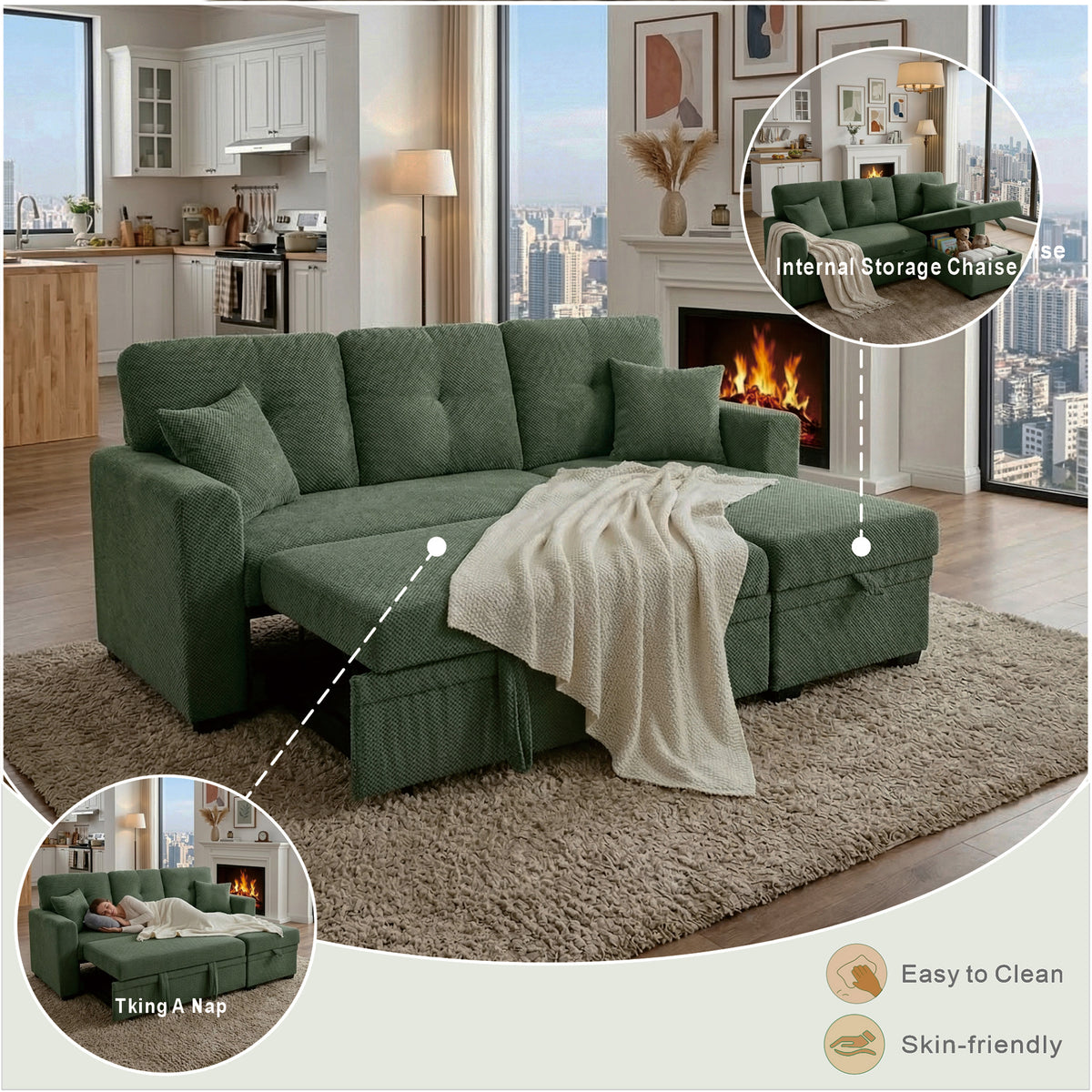 Convertible Sofa Bed with Reversible Chaise, Storage & Breathable Fabric