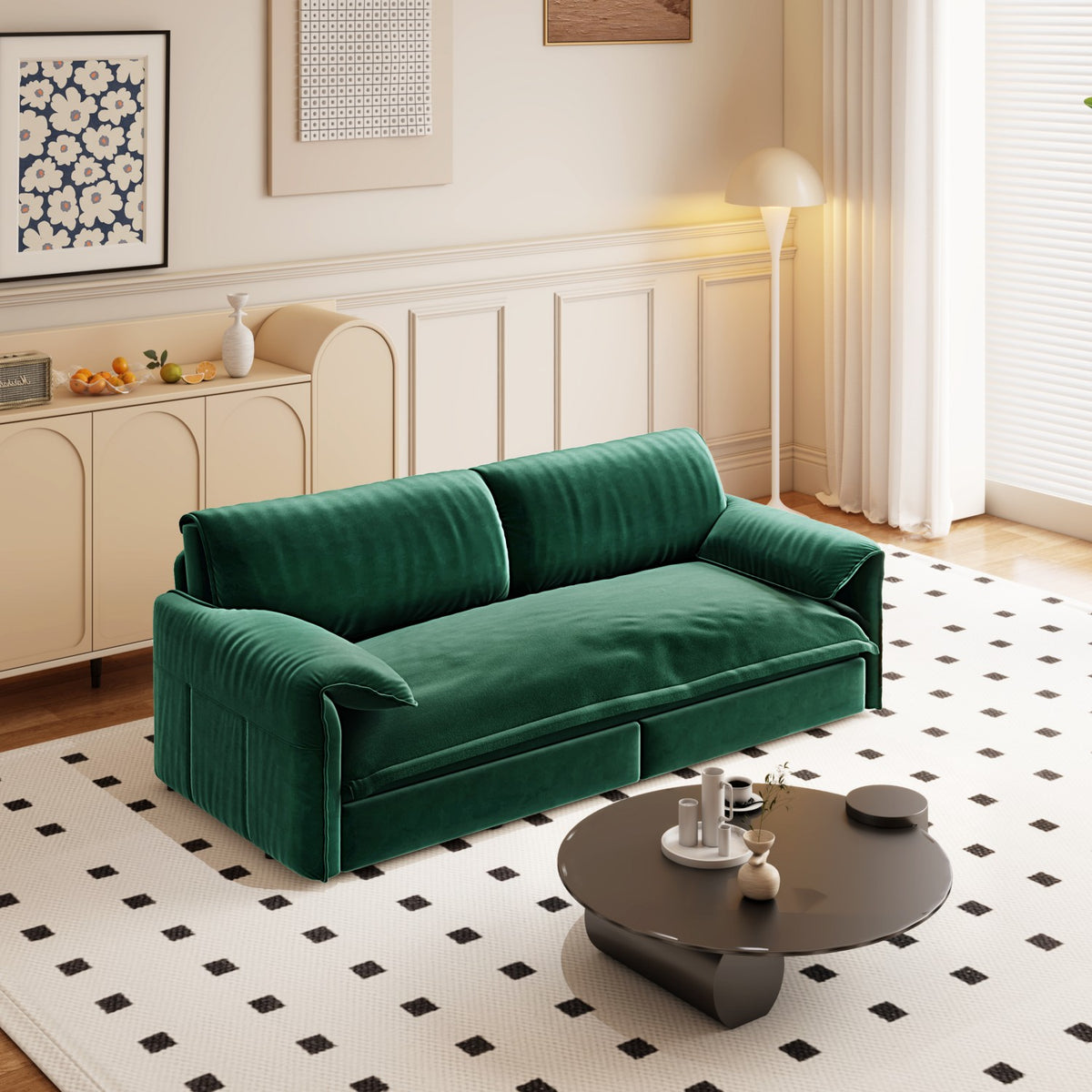Queen Pull-Out Velvet Sleeper Sofa, 3-in-1 Convertible Bed with Side Storage
