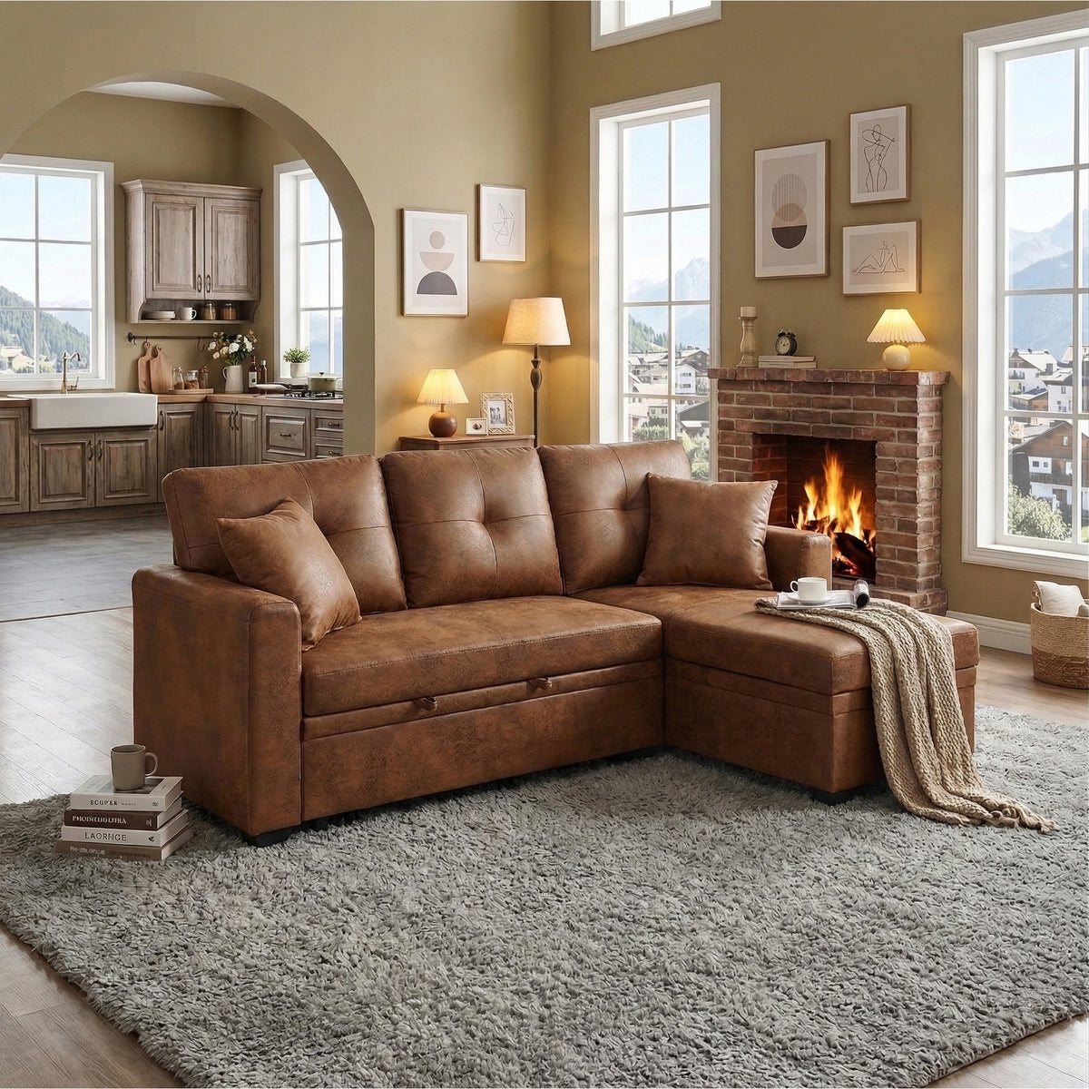 L-Shaped Sectional Sofa with Pull-Out Bed, Reversible Chaise & Storage