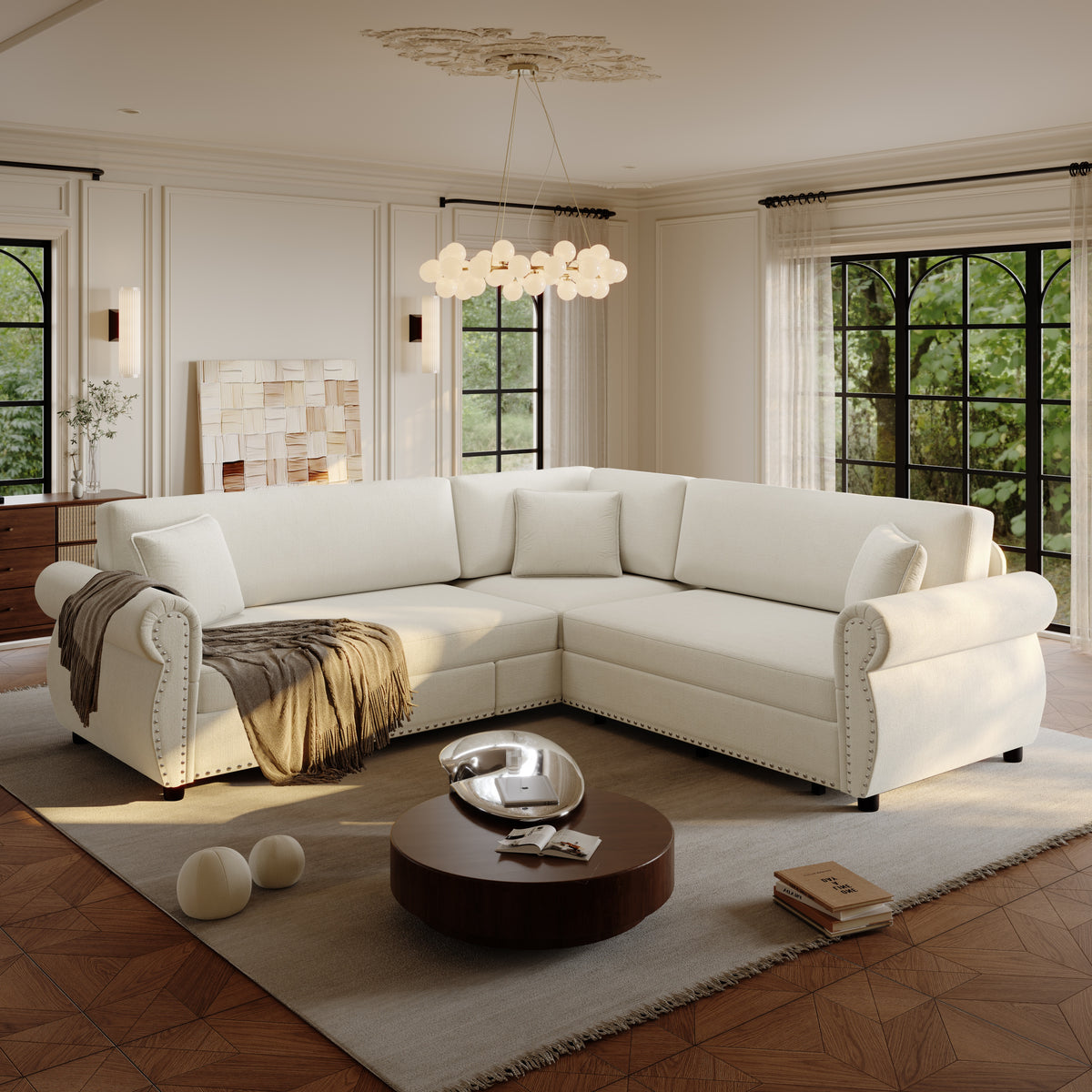 88.2" L-Shaped Chenille Sectional Sofa with Pull-Out Bed & Rolled Arm