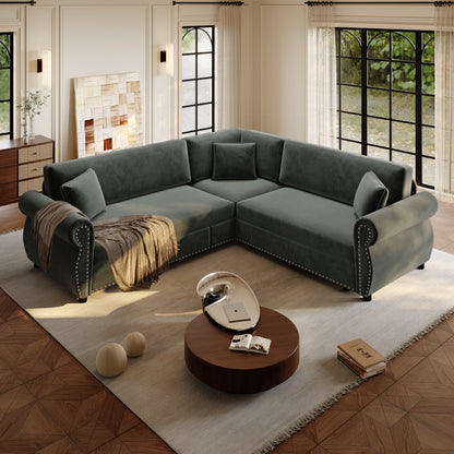 88.2" L-Shaped Chenille Sectional Sofa with Pull-Out Bed & Rolled Arm
