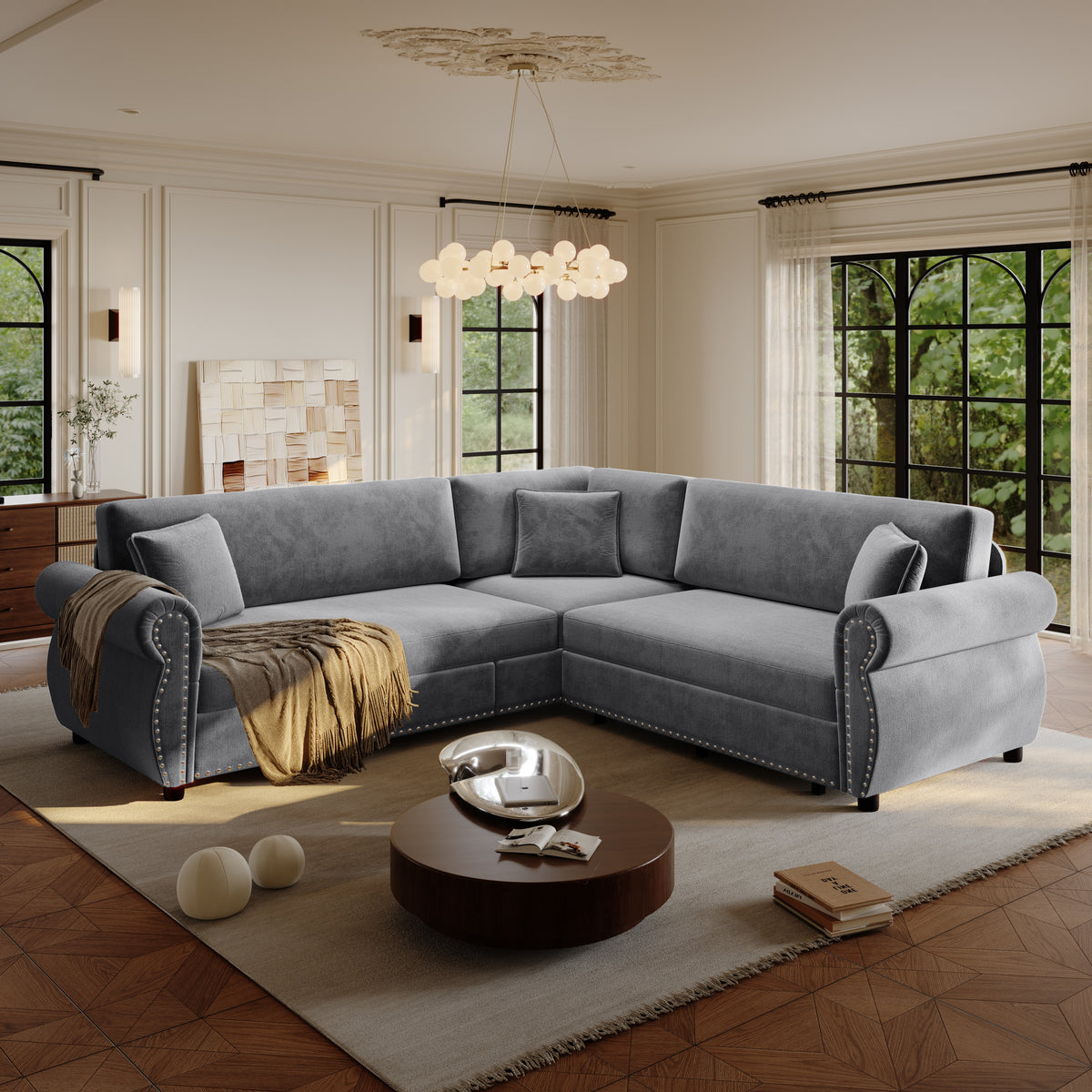 88.2" L-Shaped Chenille Sectional Sofa with Pull-Out Bed & Rolled Arm
