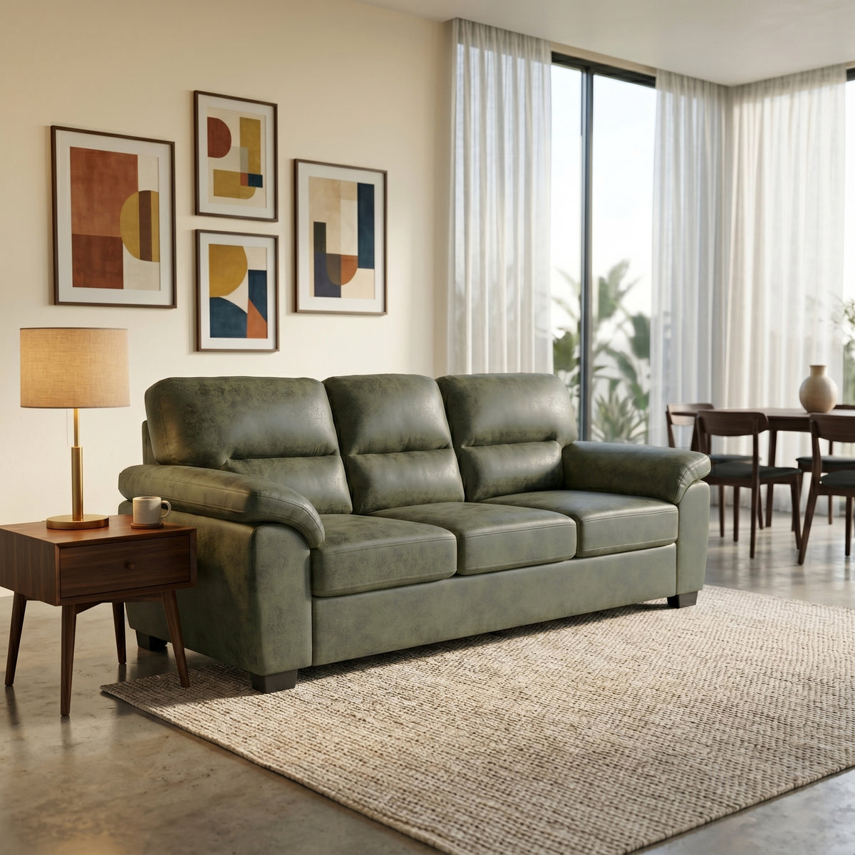 3-Seater Dark Gray Upholstered Sofa, Textured Fabric Couch