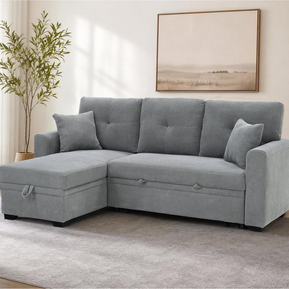 Convertible Sofa Bed with Reversible Chaise, Storage & Breathable Fabric