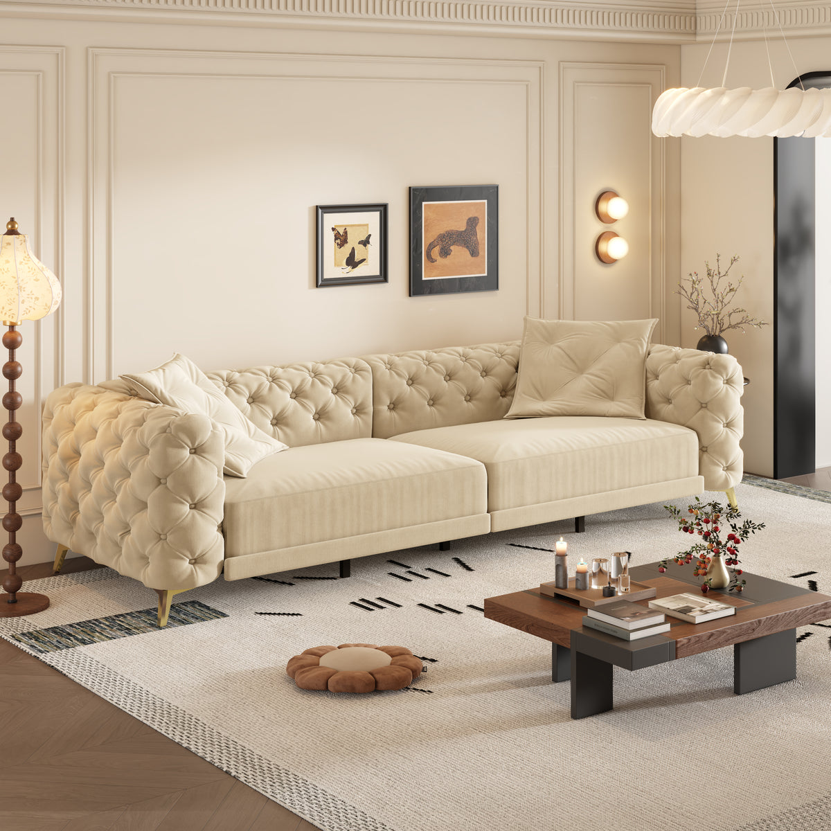 97.7" 4-Seater Convertible Sleeper Sofa with Pull-Out Bed & Movable Ottoman