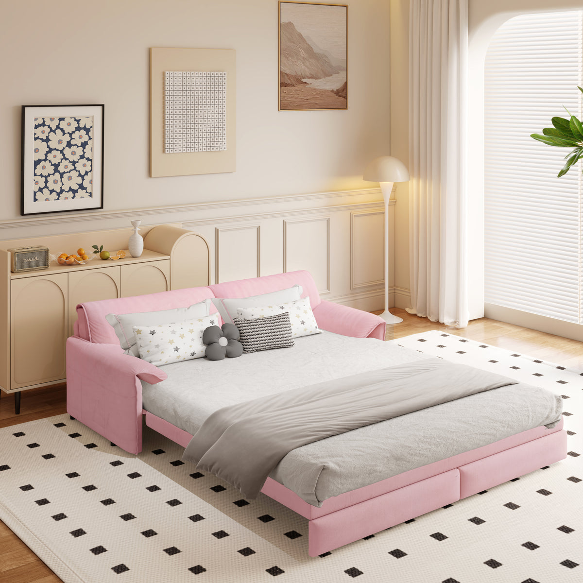 Queen Pull-Out Velvet Sleeper Sofa, 3-in-1 Convertible Bed with Side Storage
