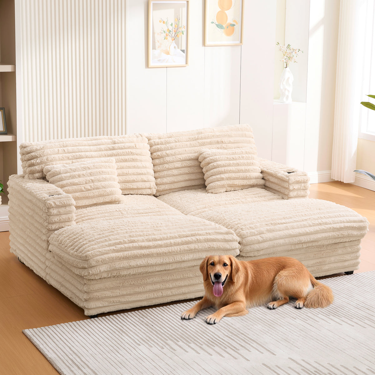 82" Oversized Double Chaise Lounge Sofa Bed with USB Ports & Cup Holders