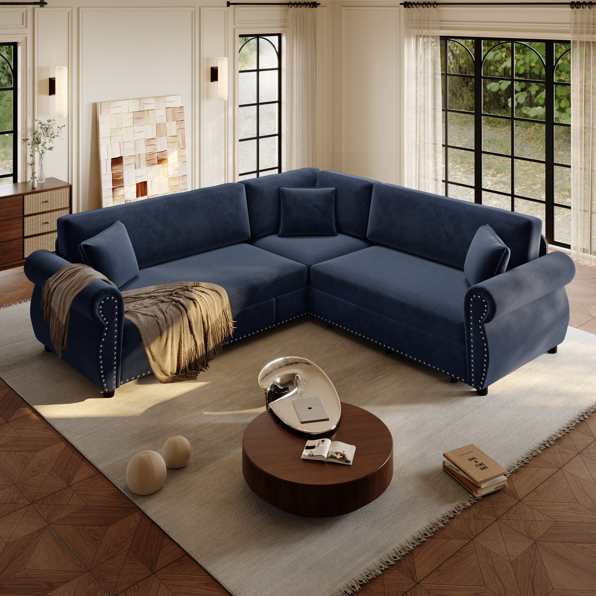 88.2" L-Shaped Chenille Sectional Sofa with Pull-Out Bed & Rolled Arm