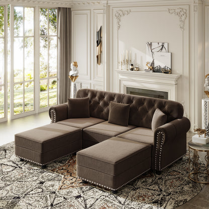 Velvet Chesterfield Sofa with Nailhead Trim, Rolled Armrests & Button Tufting, 3 Pillows, 82.6"