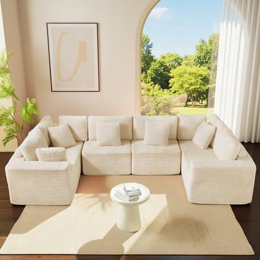 Beige 6-Seat Modular Sectional Sofa - Reconfigurable Polyester Fabric Sofa for Living Room