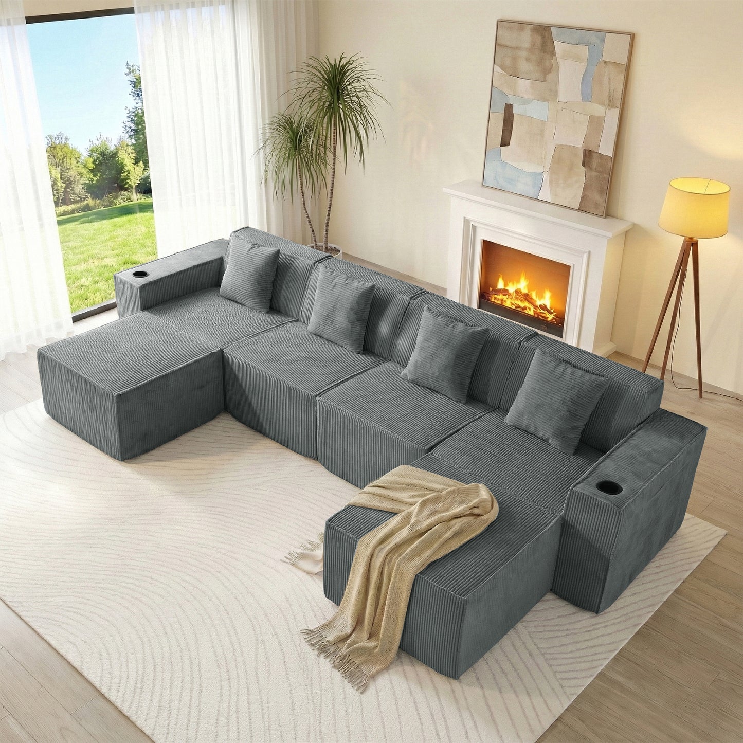 Modern Gray Flexible 6-Seat U-Shaped Sofa Set - Self-Expanding, Medium-Duty Polyester, Cloud-Like Soft Seating, Easy Setup