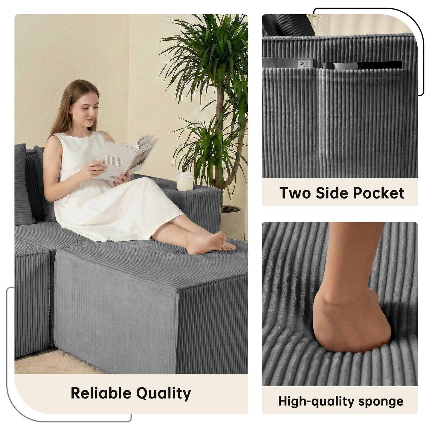 Modern Gray Flexible 6-Seat U-Shaped Sofa Set - Self-Expanding, Medium-Duty Polyester, Cloud-Like Soft Seating, Easy Setup