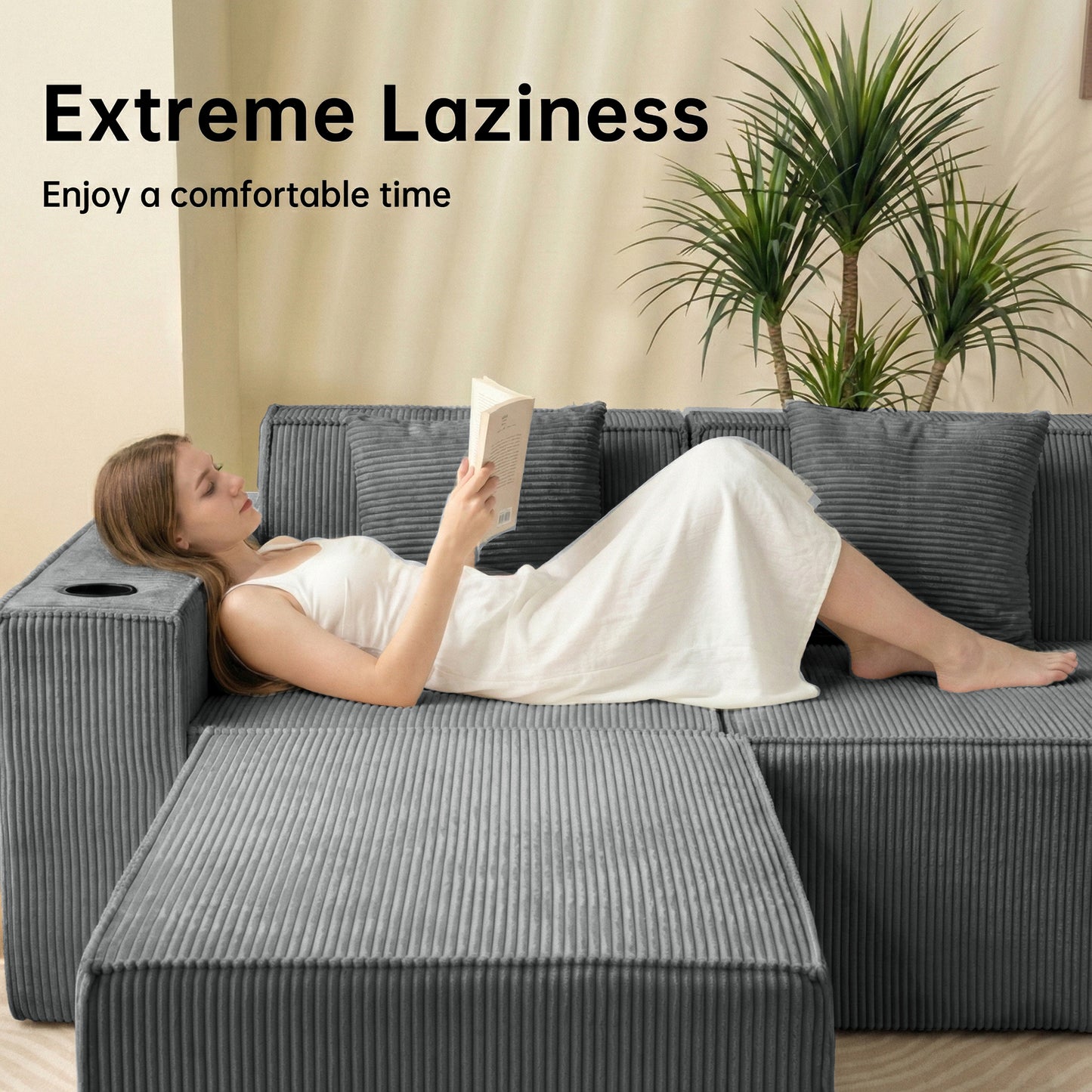 Modern Gray Flexible 6-Seat U-Shaped Sofa Set - Self-Expanding, Medium-Duty Polyester, Cloud-Like Soft Seating, Easy Setup