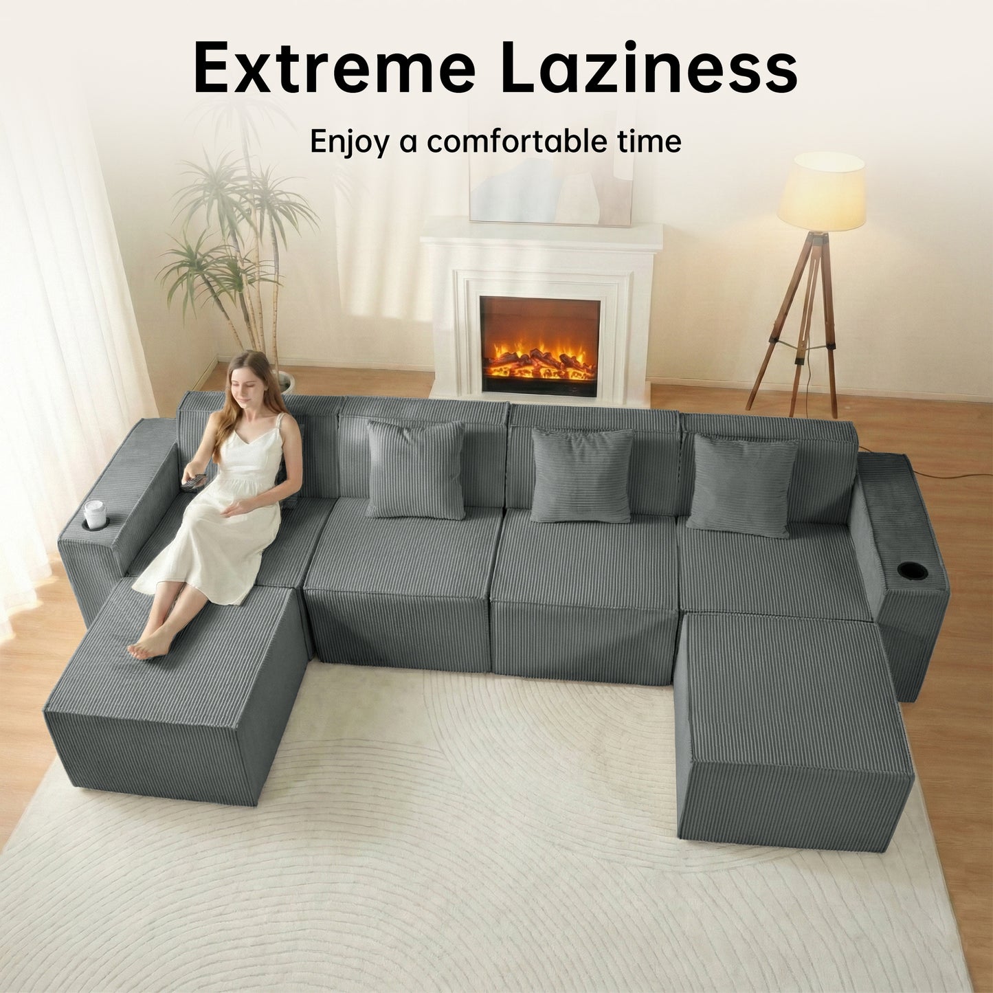 Modern Gray Flexible 6-Seat U-Shaped Sofa Set - Self-Expanding, Medium-Duty Polyester, Cloud-Like Soft Seating, Easy Setup