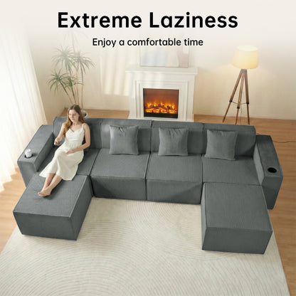Modern Gray Flexible 6-Seat U-Shaped Sofa Set - Self-Expanding, Medium-Duty Polyester, Cloud-Like Soft Seating, Easy Setup