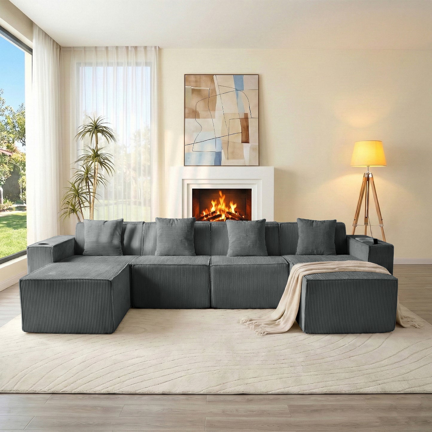 Modern Gray Flexible 6-Seat U-Shaped Sofa Set - Self-Expanding, Medium-Duty Polyester, Cloud-Like Soft Seating, Easy Setup