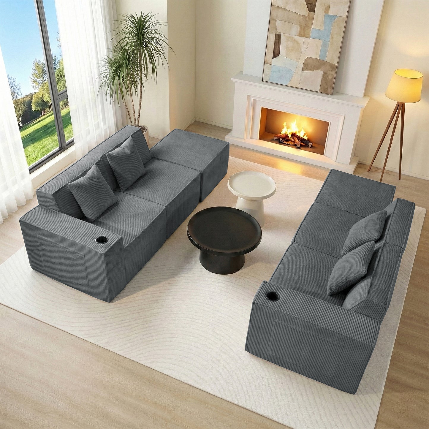 Modern Gray Flexible 6-Seat U-Shaped Sofa Set - Self-Expanding, Medium-Duty Polyester, Cloud-Like Soft Seating, Easy Setup