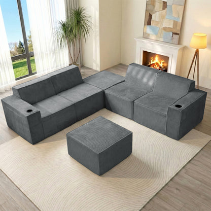 Modern Gray Flexible 6-Seat U-Shaped Sofa Set - Self-Expanding, Medium-Duty Polyester, Cloud-Like Soft Seating, Easy Setup