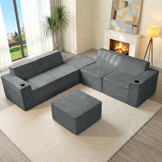 Modern Gray Flexible 6-Seat U-Shaped Sofa Set - Self-Expanding, Medium-Duty Polyester, Cloud-Like Soft Seating, Easy Setup