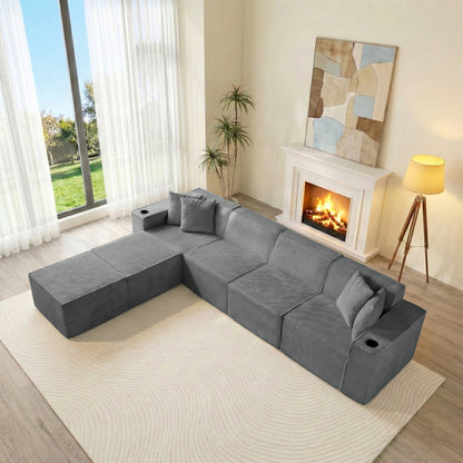 Modern Gray Flexible 6-Seat U-Shaped Sofa Set - Self-Expanding, Medium-Duty Polyester, Cloud-Like Soft Seating, Easy Setup