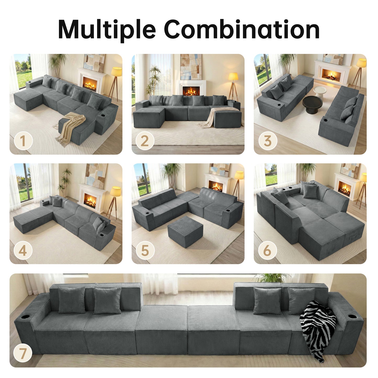 Modern Gray Flexible 6-Seat U-Shaped Sofa Set - Self-Expanding, Medium-Duty Polyester, Cloud-Like Soft Seating, Easy Setup