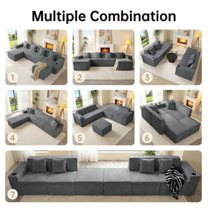 Modern Gray Flexible 6-Seat U-Shaped Sofa Set - Self-Expanding, Medium-Duty Polyester, Cloud-Like Soft Seating, Easy Setup