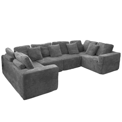 Gray Modular Corduroy Sectional Sofa - 6-Seat No-Assembly Couch for Living Room