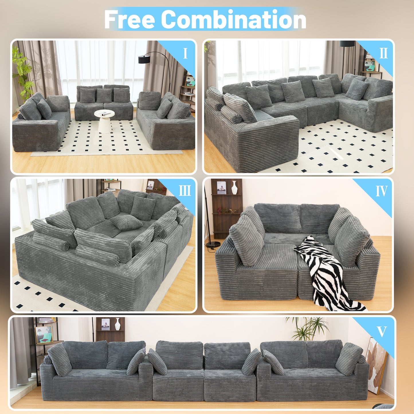 Gray Modular Corduroy Sectional Sofa - 6-Seat No-Assembly Couch for Living Room
