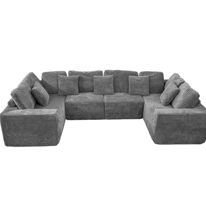 Gray Modular Corduroy Sectional Sofa - 6-Seat No-Assembly Couch for Living Room