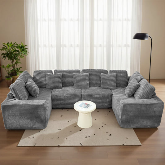 Gray Modular Corduroy Sectional Sofa - 6-Seat No-Assembly Couch for Living Room