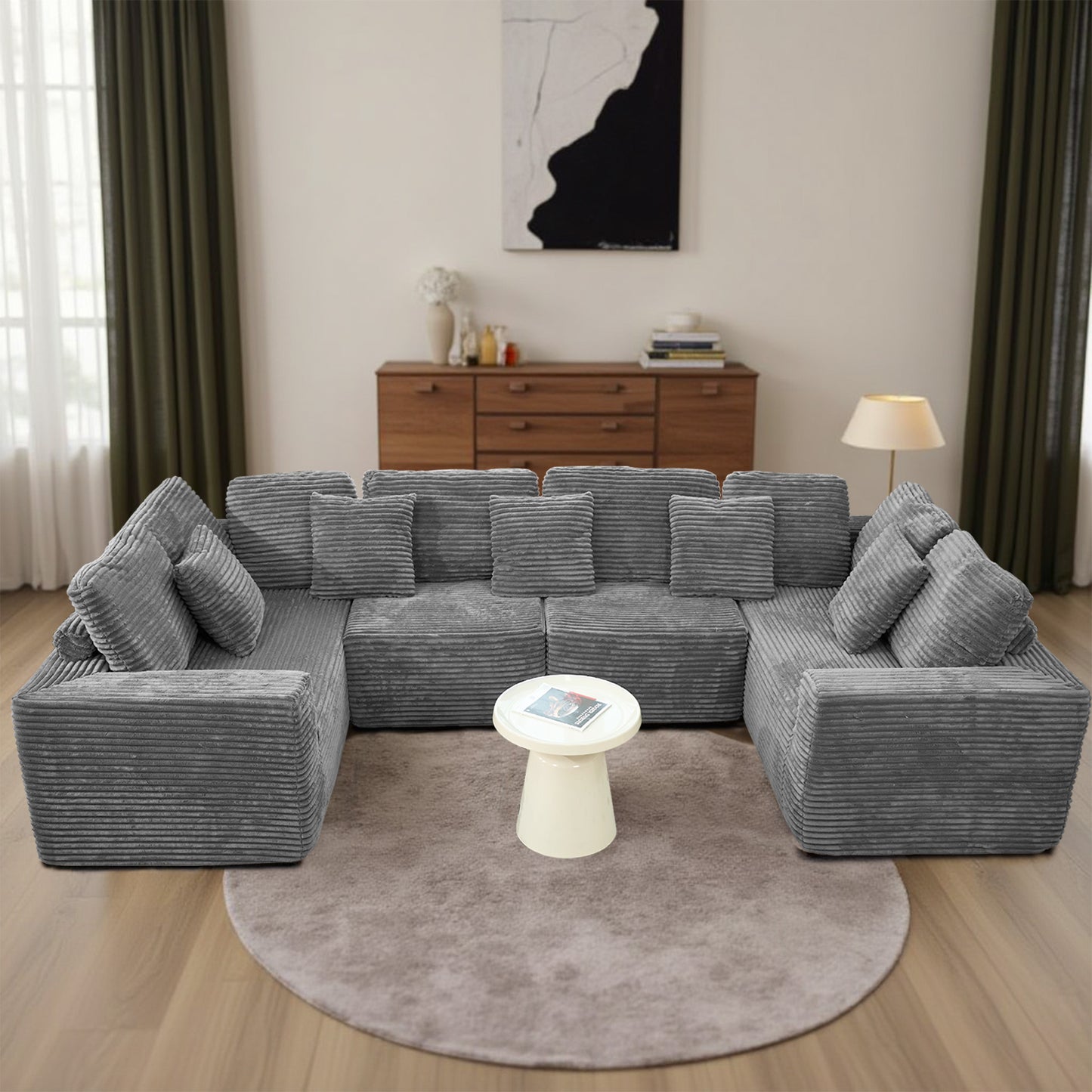 Gray Modular Corduroy Sectional Sofa - 6-Seat No-Assembly Couch for Living Room