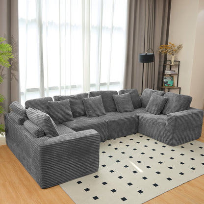 Gray Modular Corduroy Sectional Sofa - 6-Seat No-Assembly Couch for Living Room