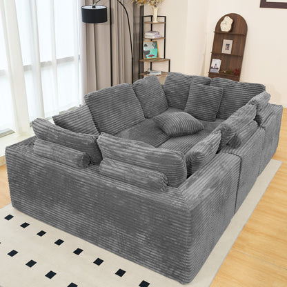 Gray Modular Corduroy Sectional Sofa - 6-Seat No-Assembly Couch for Living Room